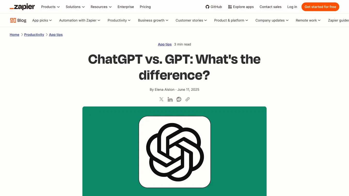 Zapier's blog post ChatGPT vs. GPT: What's the difference?, filed under App tips, a 3 min read by Elena Alston from June 11, 2025, with a large ChatGPT logo.
