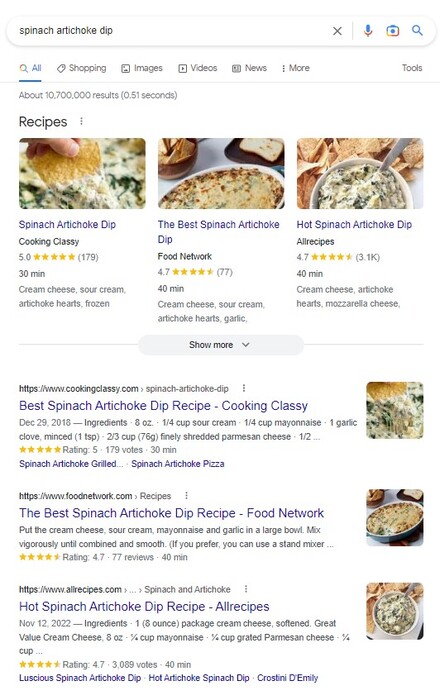 Spinach search results
